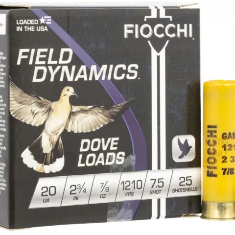 FIOCCHI FIELD DYNAMICS DOVE & QUAIL 20GA #7.5 2.75″ 7/8 OZ 1210FPS 25 ROUNDS.